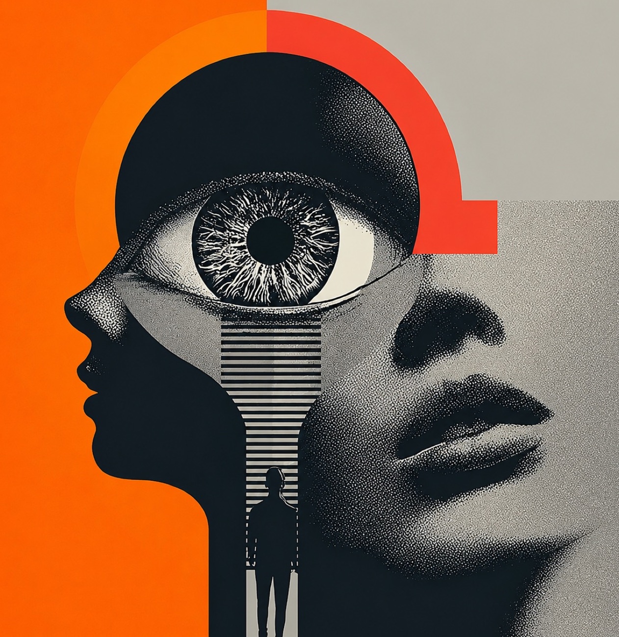 Pop-art collage: a profiled head opening into a watching eye